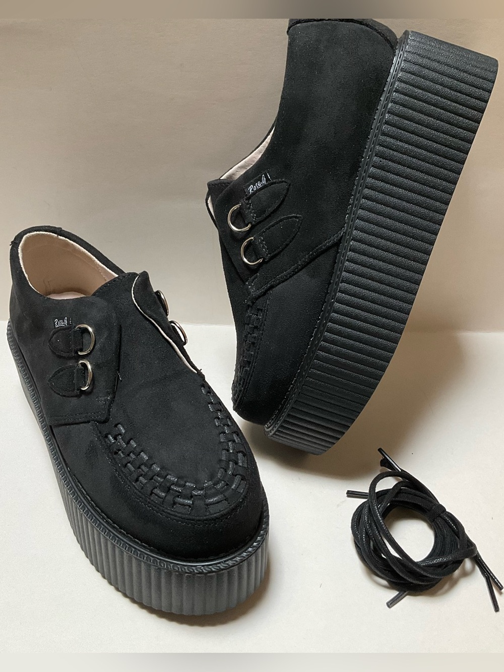 Rose G Women's Sz 7 - 7.5 Handmade Black Suede Lace Up Flat Platform Creepers